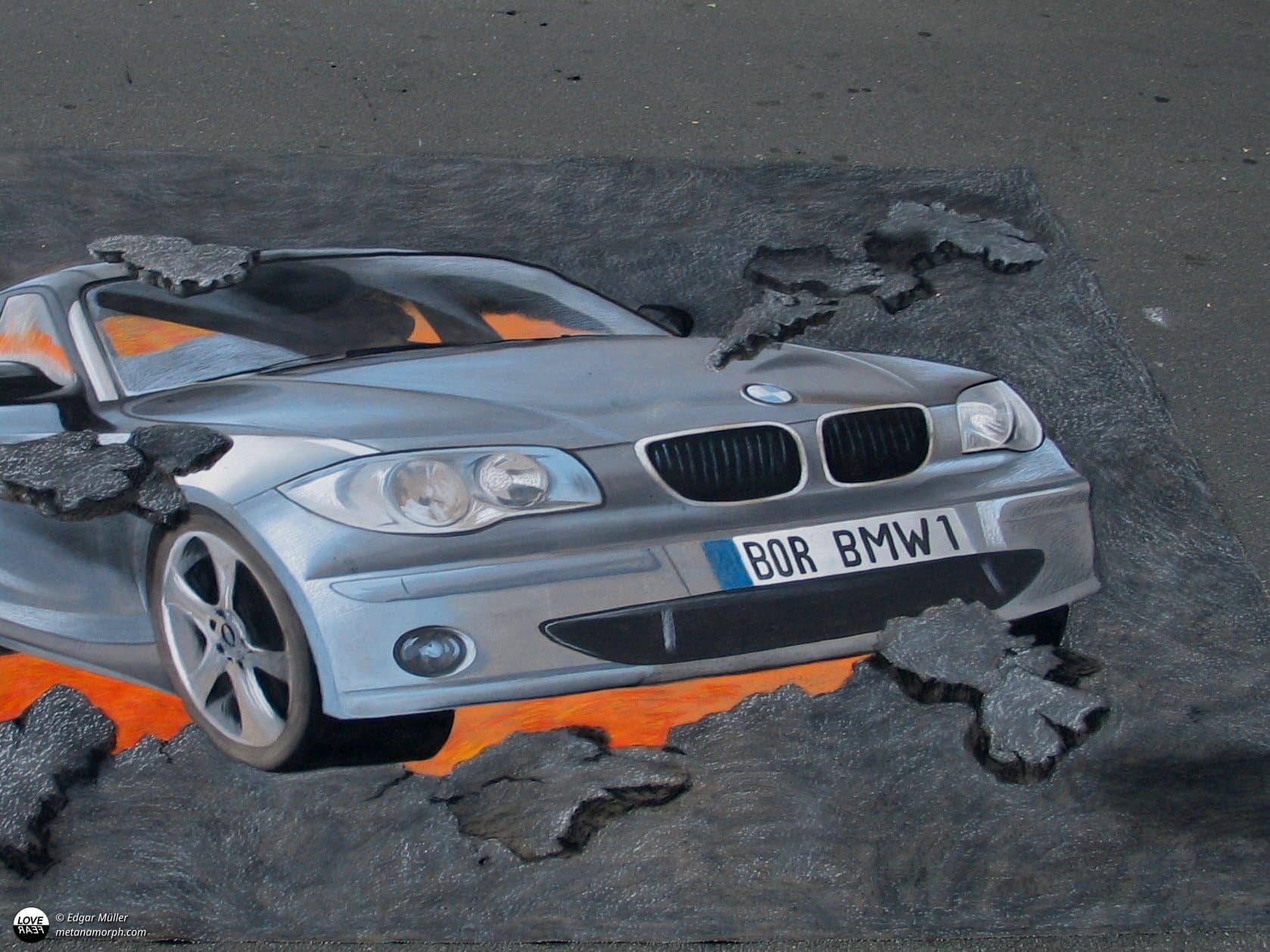 BMW painted in 3D breaking out of the ground